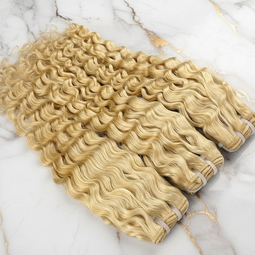 Blonde hair extensions on a marble surface