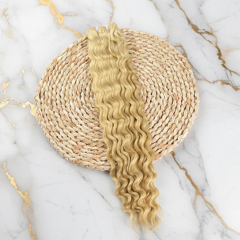 Blonde hair extensions on a marble surface