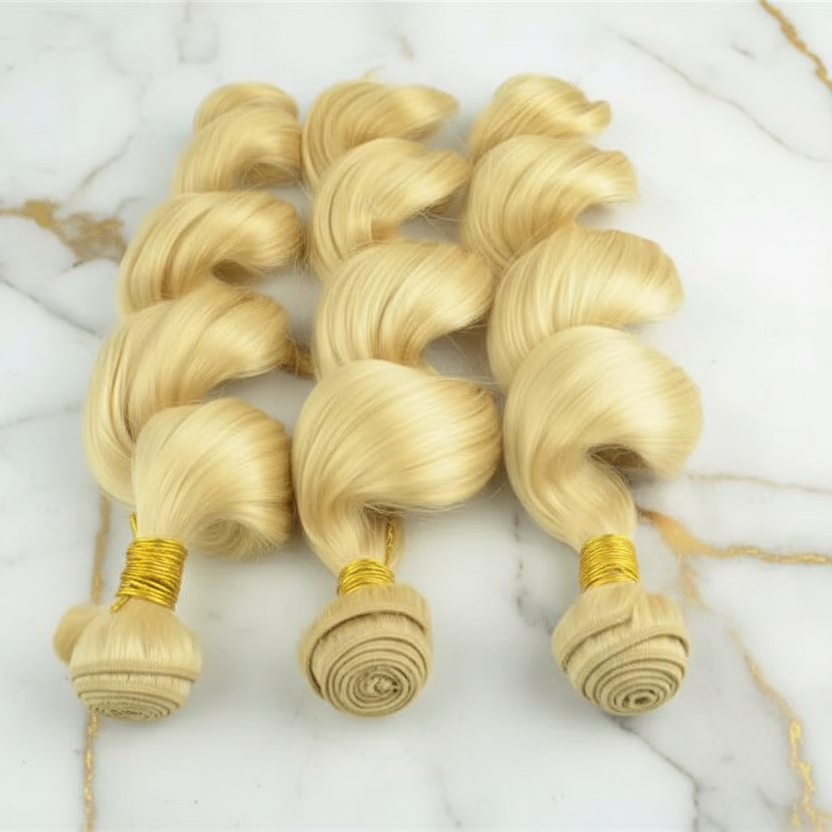 Blonde hair extensions on a marble background